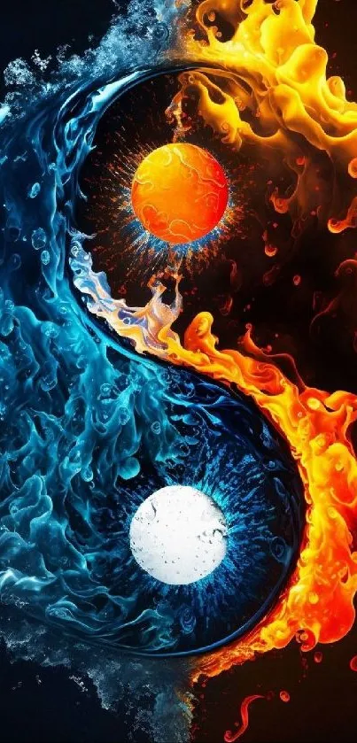 Yin Yang symbol with fire and water elements in vibrant colors.