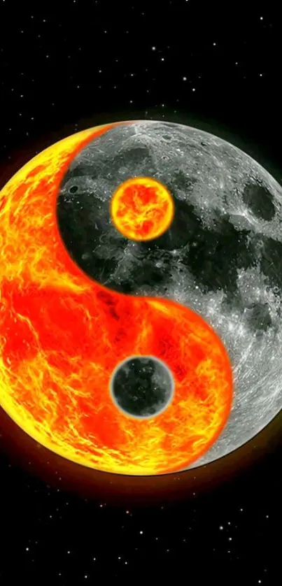 Fiery Yin Yang mobile wallpaper with moon and flames.