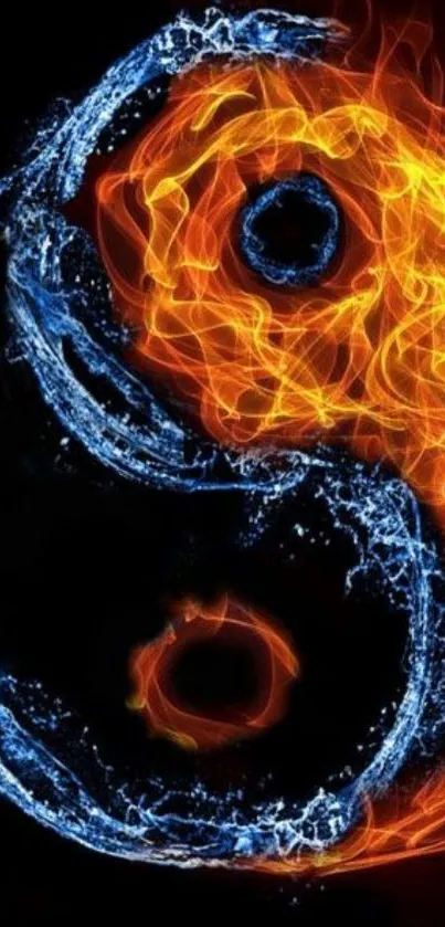 Fiery Yin Yang design with water and fire elements on a black background.