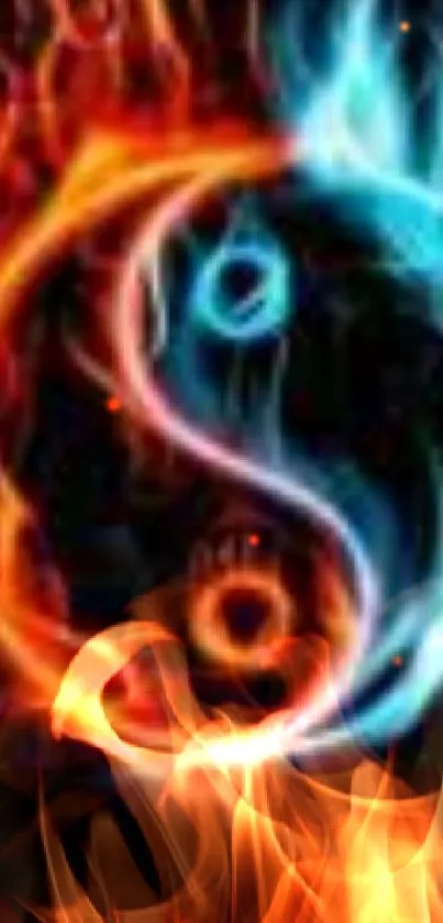 Yin Yang symbol with fiery red and blue flames on a black background.