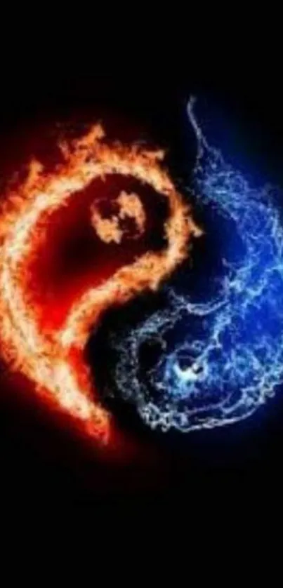 Fiery Yin Yang symbol with red and blue flames on a dark background.