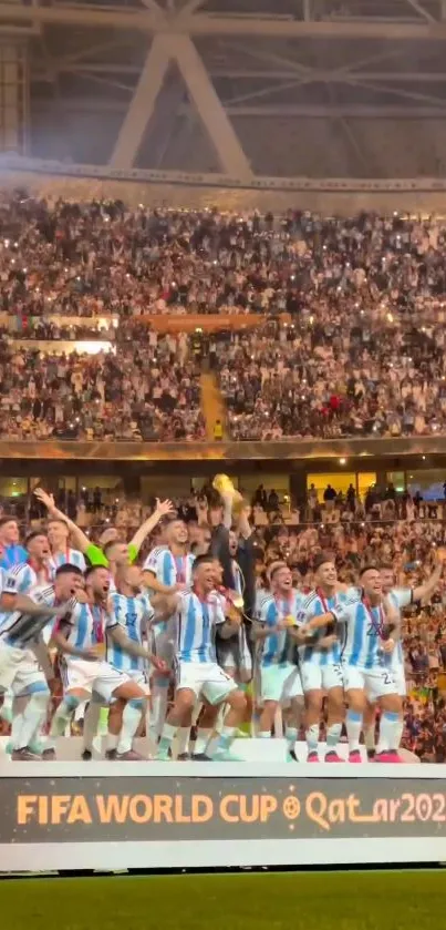 Argentina team celebrating FIFA World Cup 2022 victory on stage.