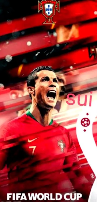 FIFA World Cup Qatar 2022 football player wallpaper in vibrant red colors.