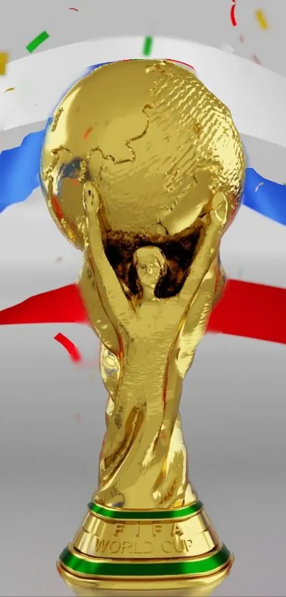 Golden FIFA World Cup trophy amid colorful celebration.