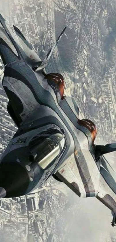 Fighter jet soaring above a cityscape in dynamic aerial view.