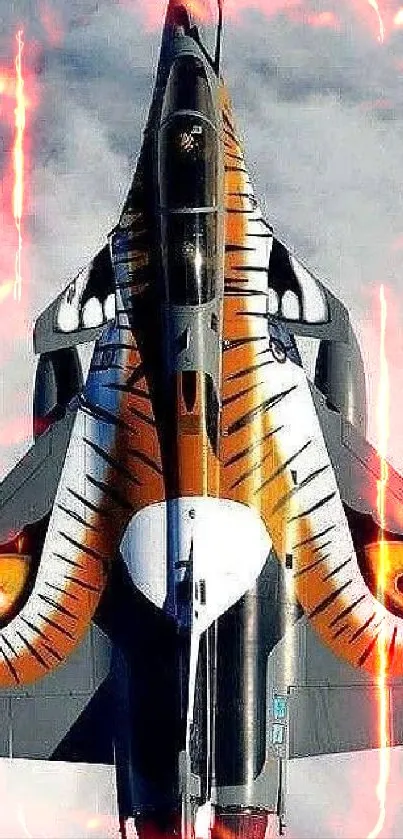 Artistic fighter jet with tiger design flying over clouds.