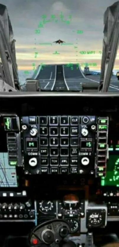 Fighter jet cockpit view landing on carrier.