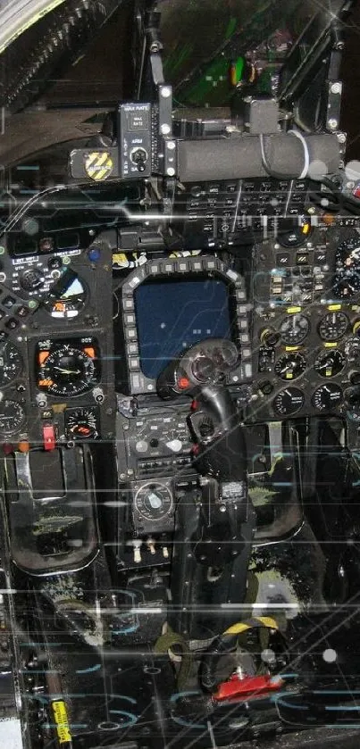 Detailed view of a fighter jet cockpit with advanced controls and displays.