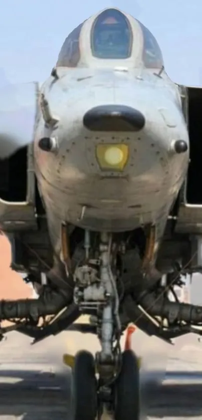 Front view of a fighter jet on a runway, showcasing detailed engineering.