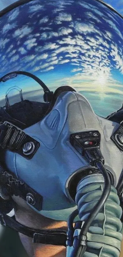 Fighter pilot helmet with sky reflection, vivid colors.