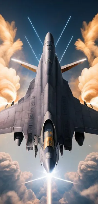 A dynamic fighter jet launching through dramatic clouds and vivid skies.