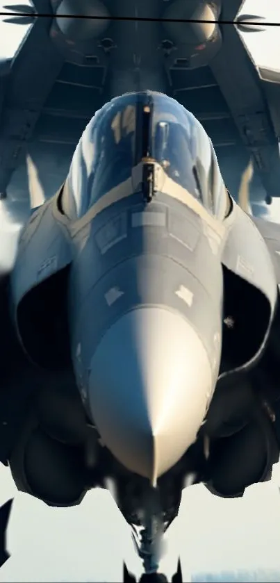 Sleek fighter jet flying high with clear blue sky backdrop.