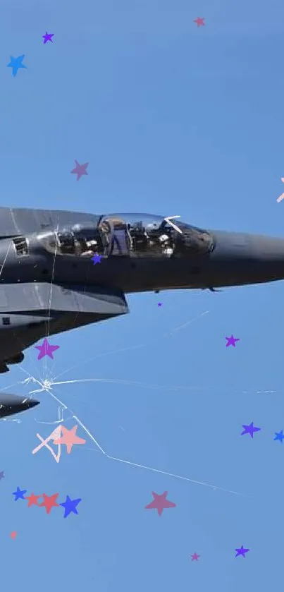 Sleek fighter jet soaring in a clear blue sky.