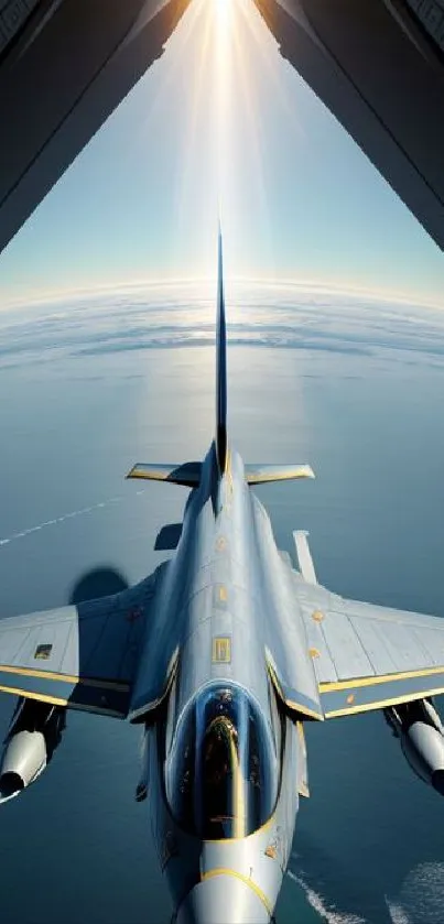 Fighter jet soaring under a blue sky with sunlight shining.