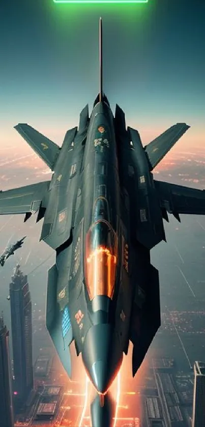 Fighter jet soaring over a futuristic city skyline at sunset.