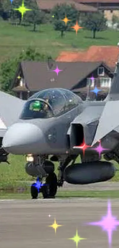 Fighter jet preparing for takeoff on a green runway.