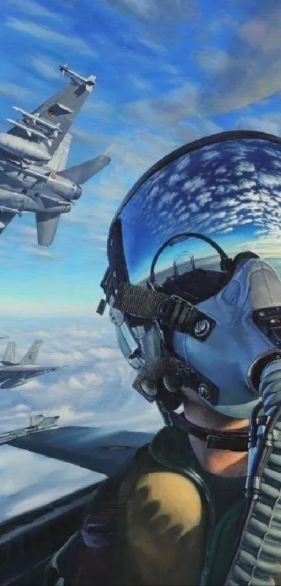 Fighter jet cockpit view with jets flying by.