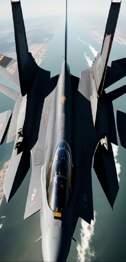 A sleek fighter jet soaring over the ocean.