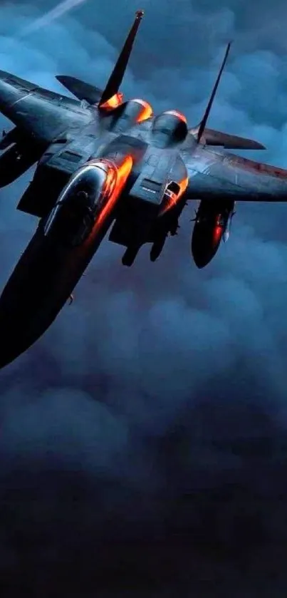 A fighter jet illuminated against dramatic blue clouds.