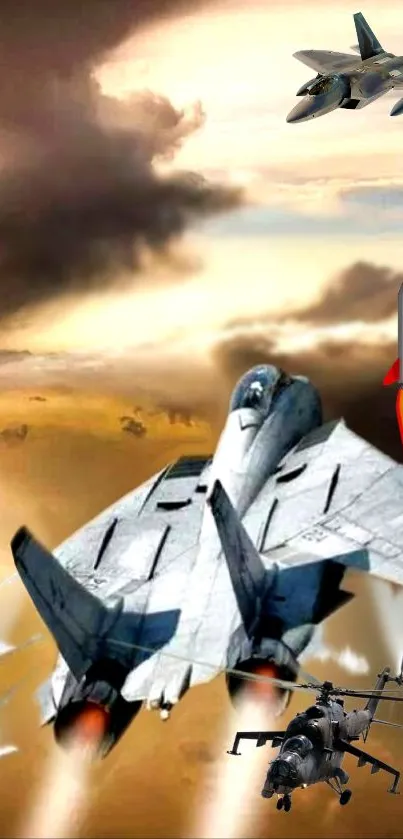 Aerial combat with jets against a golden sky backdrop in action-packed scene.