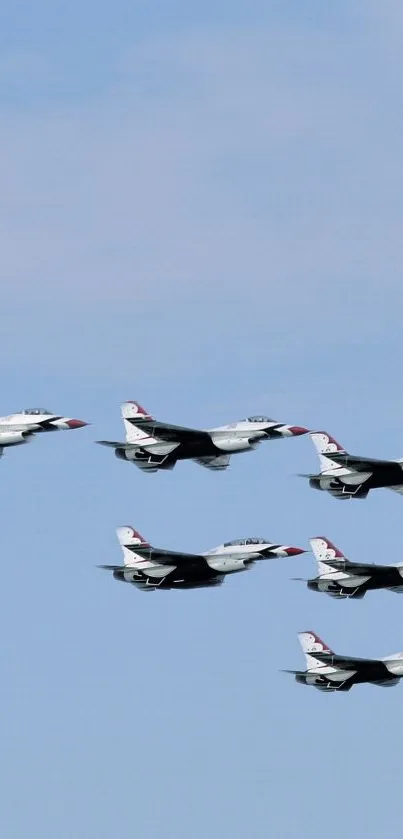 Formation of fighter jets soaring in a clear blue sky.