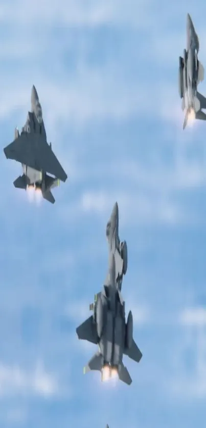 Fighter jets soaring through a blue sky background.