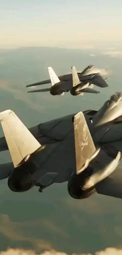 Two fighter jets soaring in the cloudy sky, creating a dynamic aerial scene.