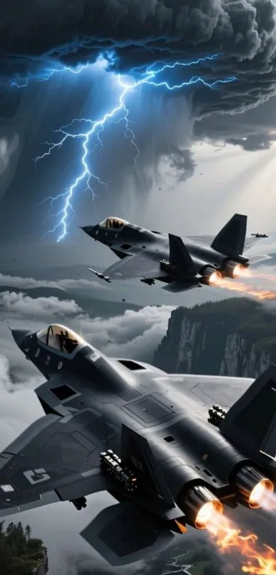 Fighter jets soar through stormy skies with lightning crackling.