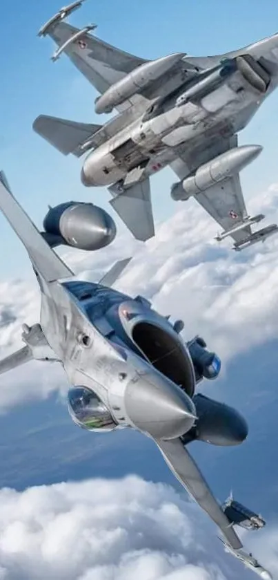 Two fighter jets soaring amid blue sky and clouds.