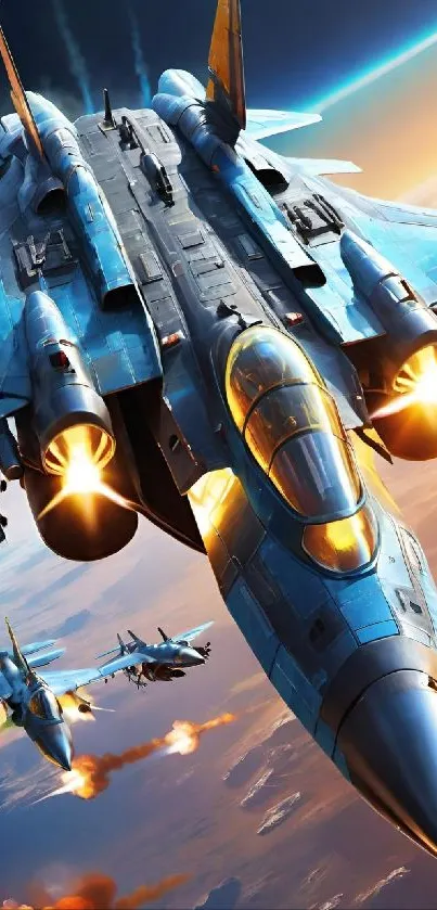 Dynamic fighter jet soaring through the sky with vibrant flames.