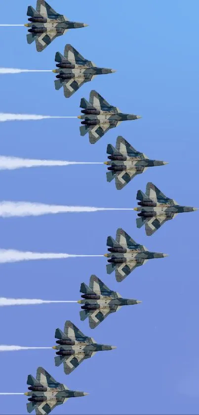 Fighter jets soaring in perfect sky formation against a clear blue sky.