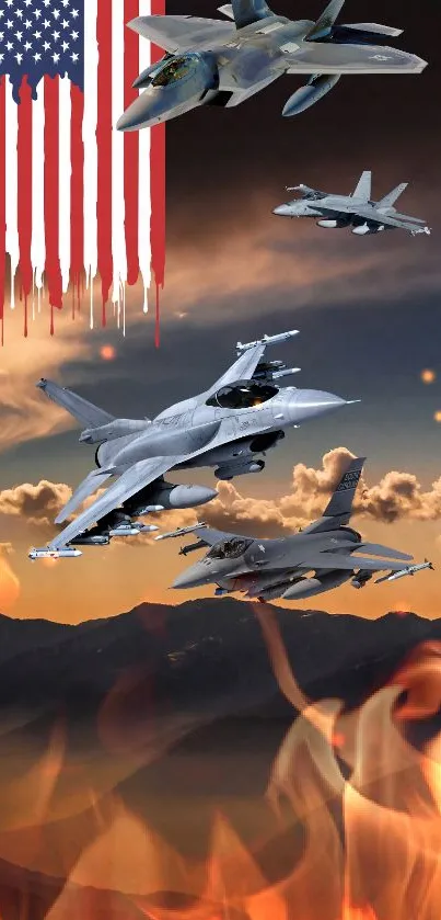 Fighter jets flying beneath an American flag in a fiery sunset sky background.