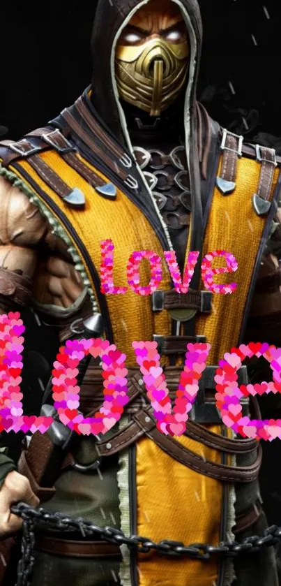 Yellow armored fighter with love text.