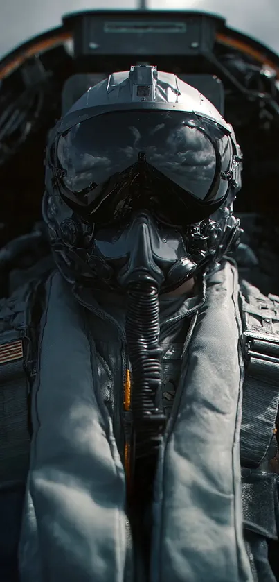 Fighter pilot in cockpit with helmet and gear.