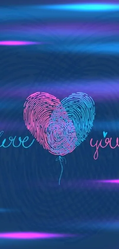 Blue wallpaper with fingerprint heart design and 'love you' text.