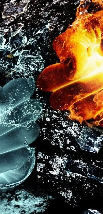 Mobile wallpaper with dramatic fire and ice theme creating a visually striking contrast.