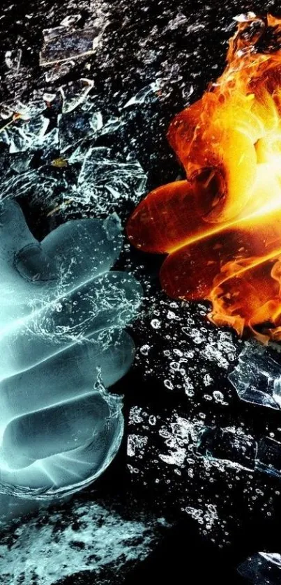 Fire and ice fists clashing in dramatic wallpaper.