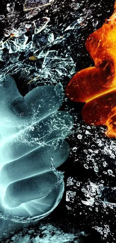 Dynamic clash of fire and ice in dramatic mobile wallpaper.