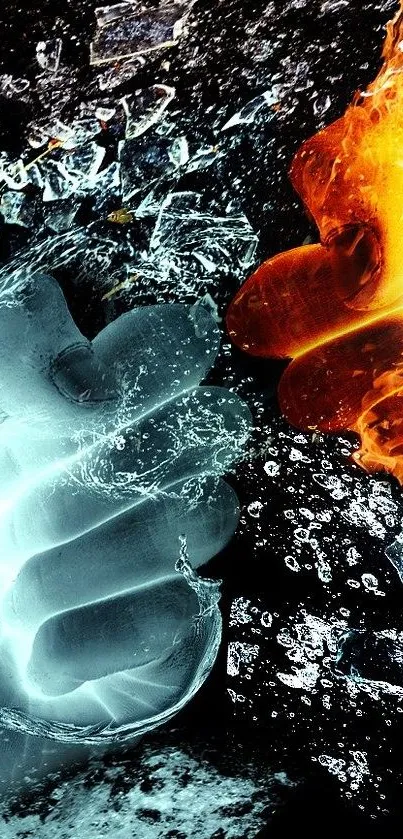 Fire and ice fists clash in dynamic wallpaper.