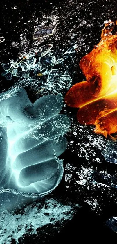 Dynamic wallpaper of fire and ice elements clashing together in vibrant contrast.