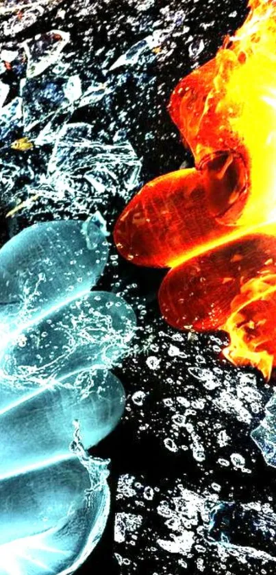 Dynamic fire and ice clash wallpaper with vibrant colors for mobile screen.