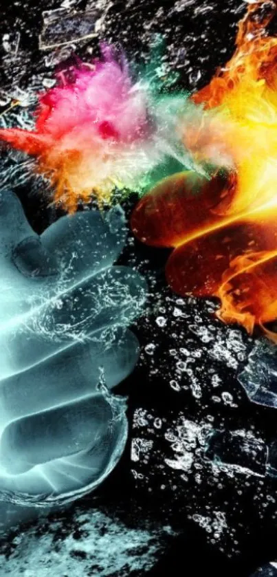 Dynamic fire and ice contrast mobile wallpaper in vibrant colors.