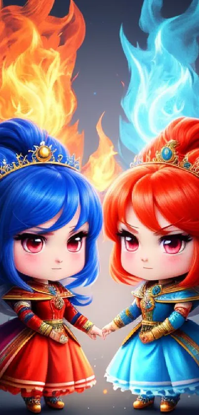 Chibi characters with fire and ice theme, perfect for a magical mobile wallpaper.