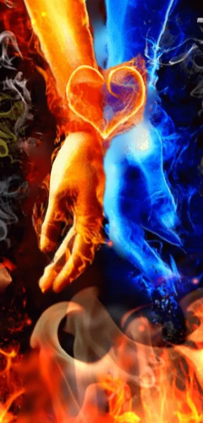 Artistic wallpaper of fire and ice hands, showcasing duality in vibrant colors.