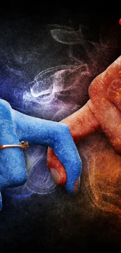 Fire and ice hands intertwined wallpaper.