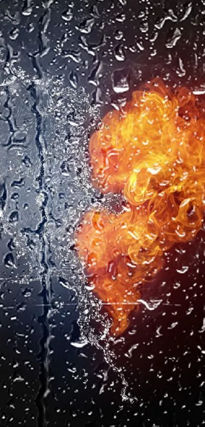 Wallpaper of a heart divided by fire and ice with water droplets.