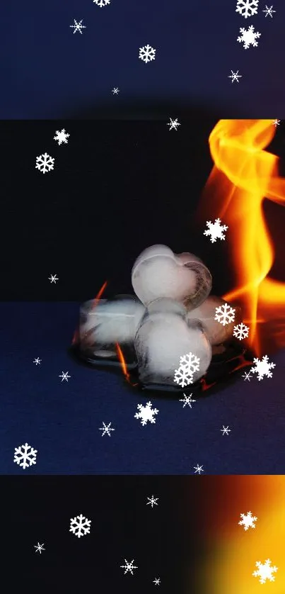 Heart-shaped ice with flames and snowflakes on a dark blue background.