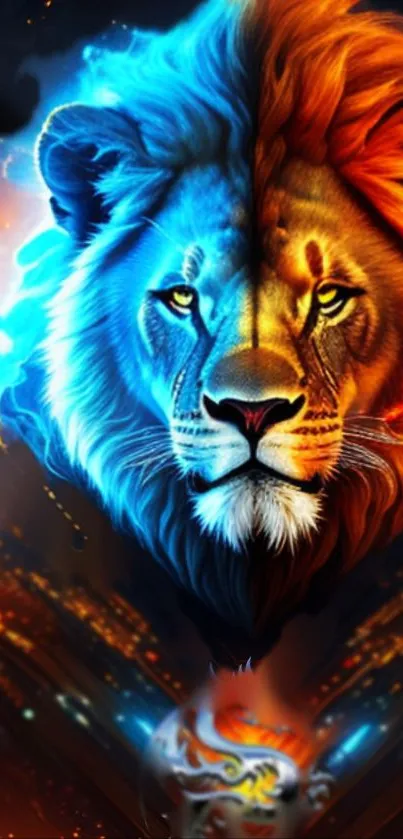 Lion with fire and ice effects in a vibrant mobile wallpaper.