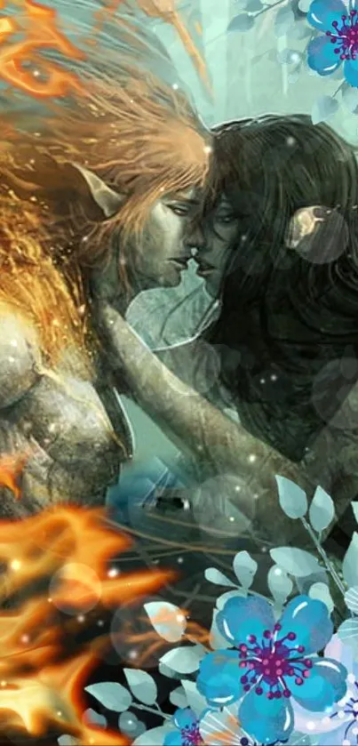 Fantasy wallpaper with fire and ice lovers.