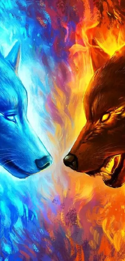 Vibrant wolf art wallpaper with fire and ice theme, depicting two wolves.